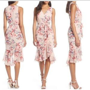 New Eliza J Floral Ruched chiffon faux wrap Dress